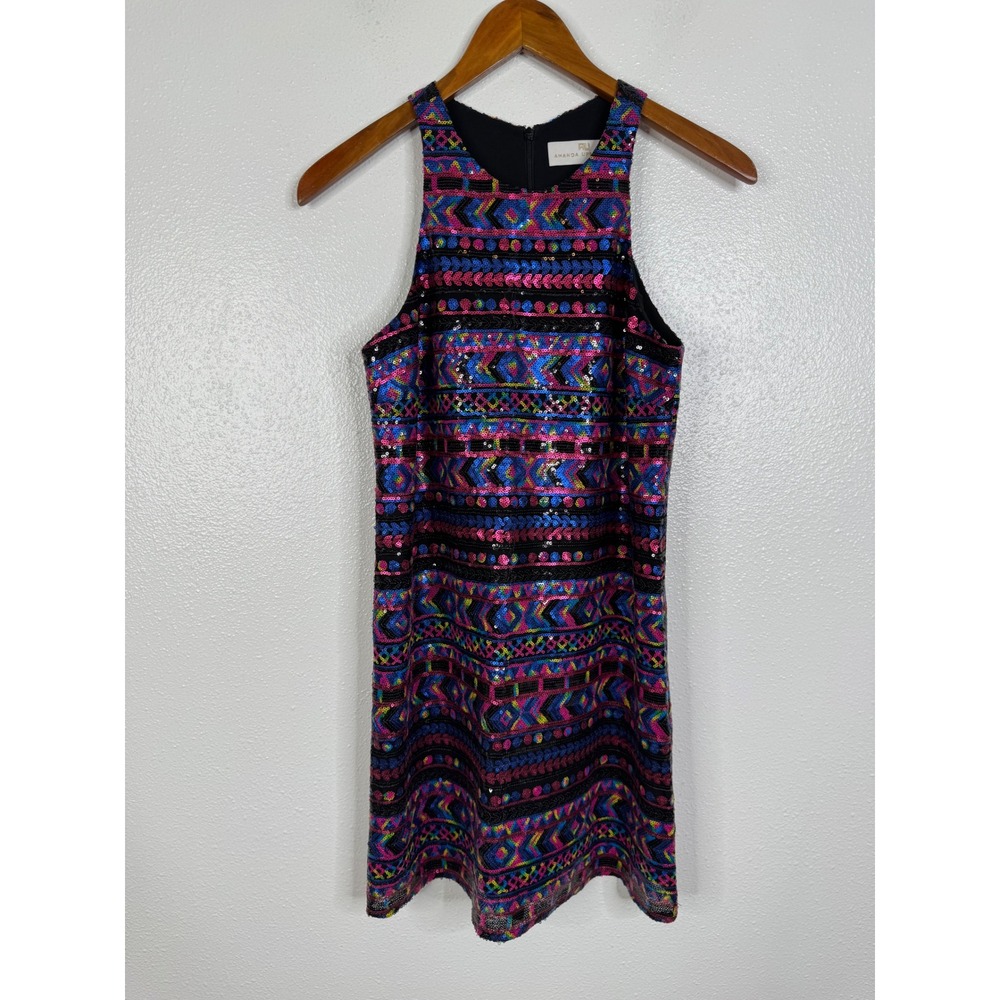 Amanda Uprichard Sequin Mini Dress Womens Multicolor Geometric High Neck Shift